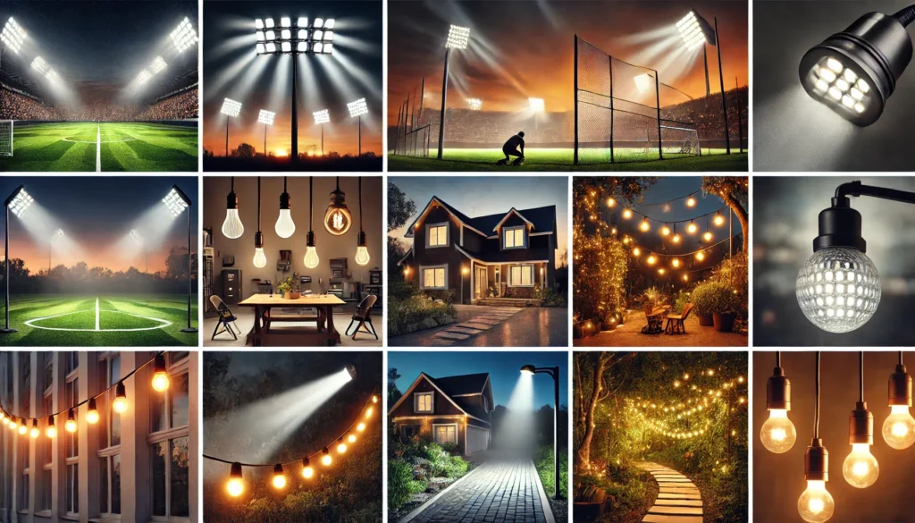 Collage showing different types of solar lamps in various outdoor settings